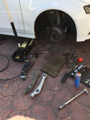 In-progress front brake disc repair.